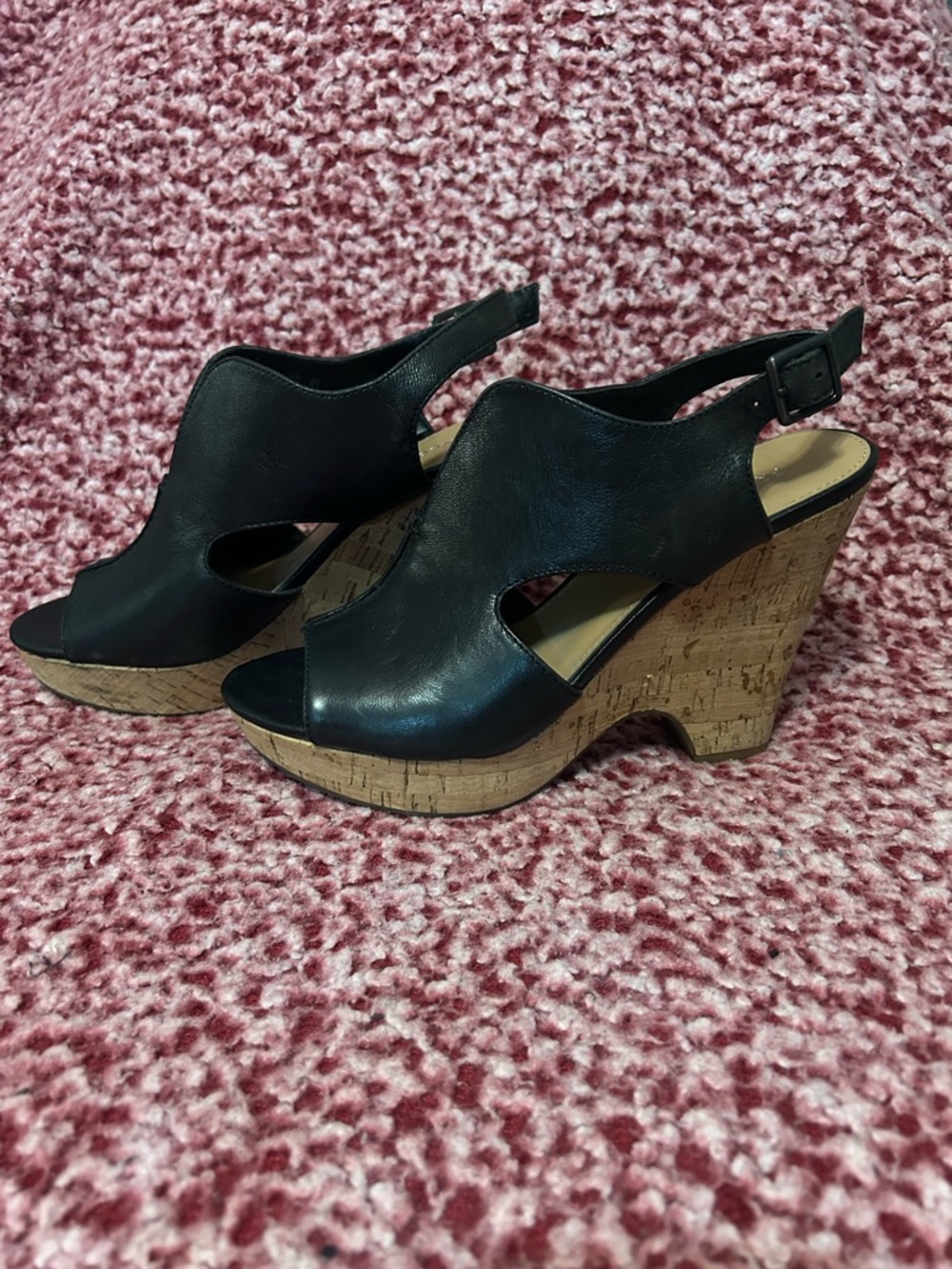 Franco Sarto Black Open-Toe Cork Wedge Sandals